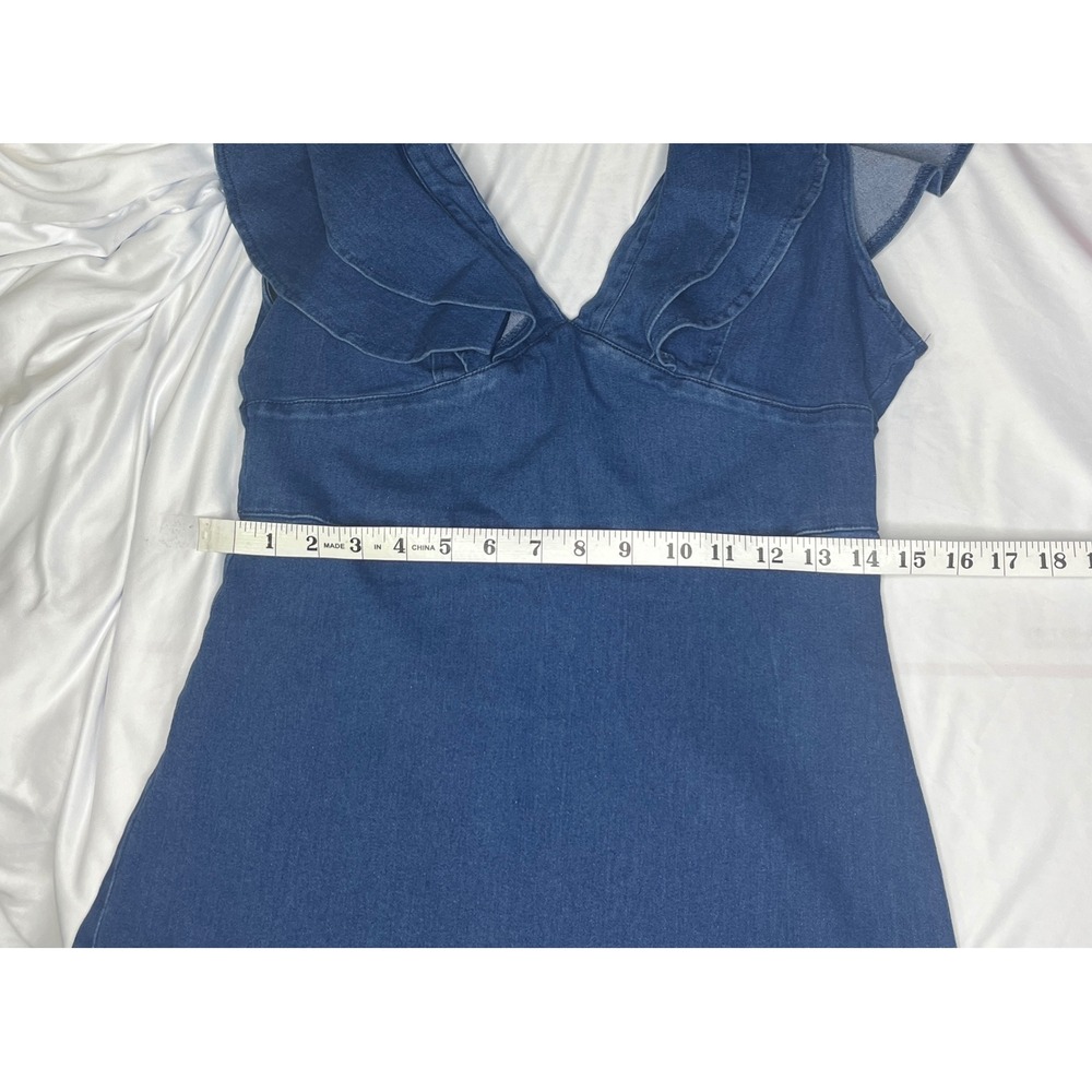 Flying Tomato Denim Mini‎ Dress Ruffle Sleeves V Neck Dark Wash Size M, NWT - Picture 7 of 7